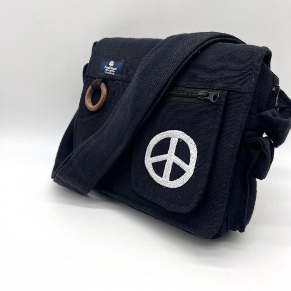 Lukla Black Messenger Bag with Peace Sign Embroidery - Picture 3 of 14